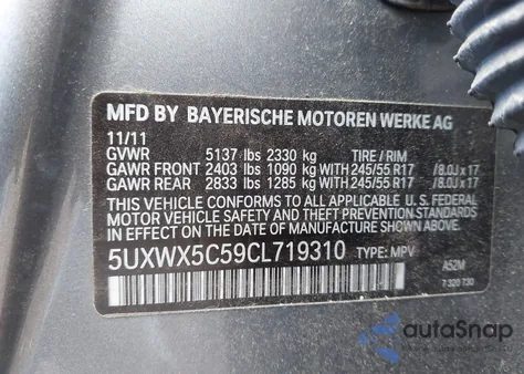 2012 BMW X3 xDrive28I from USA, damaged, VIN 5UXWX5C59CL719310